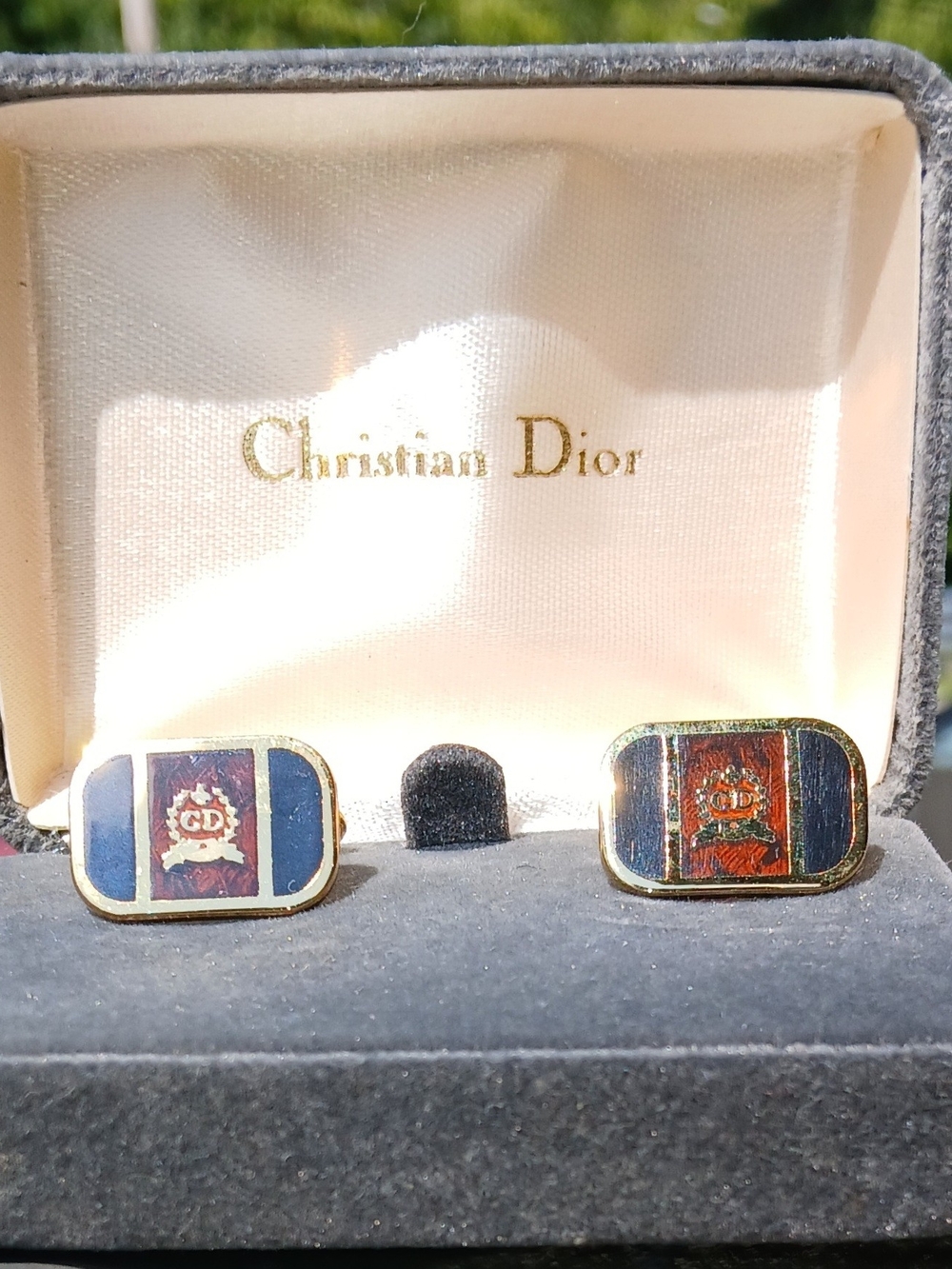 Dior Gold-Tone Enamel Crest Cufflinks in Navy & Burgundy
